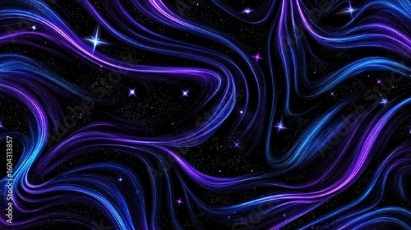 Fototapeta A close-up of an abstract digital pattern with neon purple and blue swirls on a black background, resembling glowing constellations in space