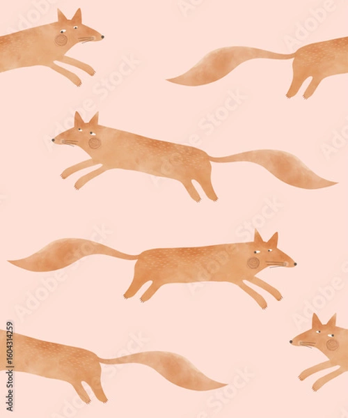 Fototapeta Funny Seamless Vector Pattern With Cute Foxes. Hand Drawn Print with Cartoon of Foxes Isolated On A Beige Background. Woodland Running Animal. Infantile Drawing-like Wallpaper With Brown Fox. 