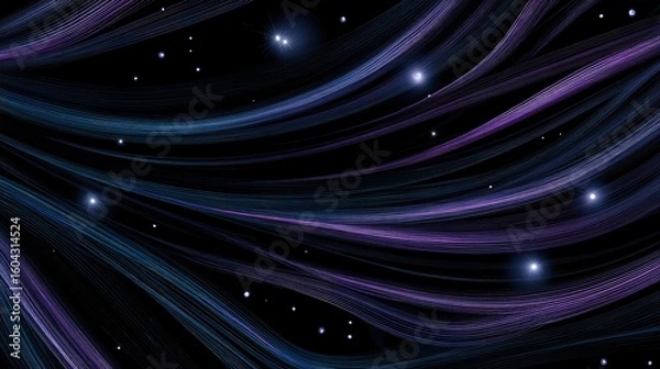 Fototapeta A close-up of an abstract digital pattern with neon purple and blue swirls on a black background, resembling glowing constellations in space