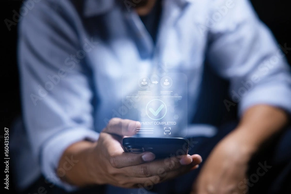 Fototapeta Digital banking network, internet payment, financial technology or FinTech concept. Businessman using smartphone with icons on virtual screen, online shopping and payment via mobile banking apps 