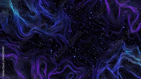 Fototapeta A close-up of an abstract digital pattern with neon purple and blue swirls on a black background, resembling glowing constellations in space