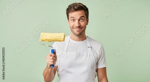 Obraz Man in Apron Holding a Paint Roller Covered in Butter