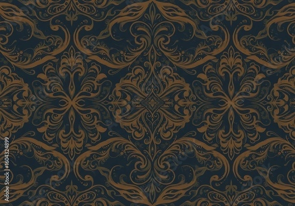 Fototapeta Ornate damask pattern featuring intricate floral and scroll designs in gold on a dark blue background
