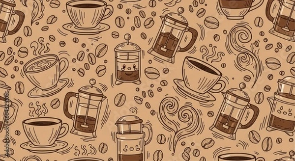 Fototapeta Doodle Coffee Cups Beans and French Press Brown Seamless Pattern