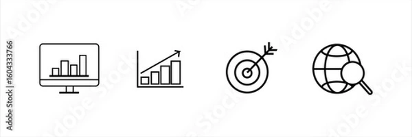 Fototapeta Set of business icons with computer analytics, growth chart, target arrow, and globe search. Line icons for data analysis, success, and global strategy.