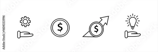 Fototapeta Line icons with hand holding gear, dollar, growth arrow, and lightbulb. Concept for support, finance, innovation, development, and investment strategy.