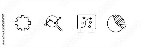 Fototapeta Gear, magnifier with graph, strategy board, and pie chart line icons. Concept for analytics, planning, data visualization, and business operations.