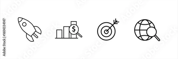 Fototapeta Startup rocket, financial growth chart, target hit, and globe search icons. Concept for business launch, investment, marketing goal, and global research.