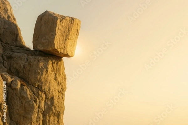 Obraz Large square rock precariously balanced on cliff edge at sunset representing challenge tension and risk management