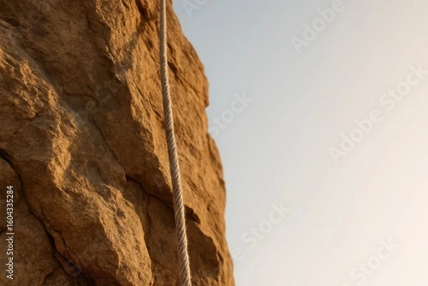 Obraz Climbing rope hanging on rocky surface with warm light representing adventure challenge and achieving goals