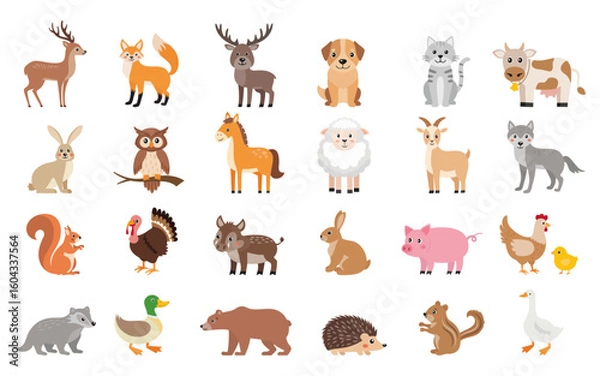 Fototapeta Icon set of woodland and domestic animals in cute simple kawaii style. Vector illustration of wild and farm animals, zoo isolated on white background.