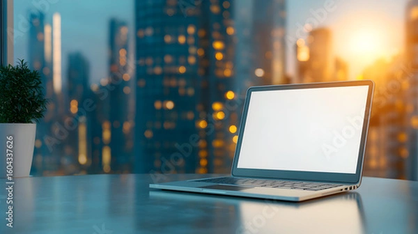 Obraz modern laptop with blank screen on a table in a smart city office setting with blurred background