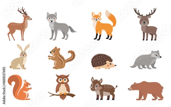 Fototapeta Icon set of woodland wild animals in cute simple kawaii style, zoo forest animals isolated on white background.