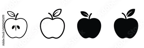 Fototapeta Vector art of apple icon evolution from detailed outline to solid silhouette on white background