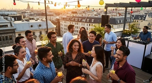 Obraz Group of people enjoying a rooftop party with drinks and a dj against a city skyline at sunset