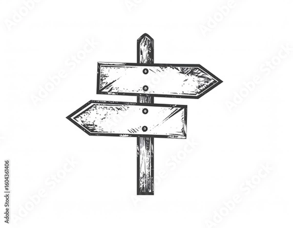 Fototapeta Hand-drawn illustration of a wooden signpost with two blank arrow signs pointing in opposite directions, isolated on a white background.