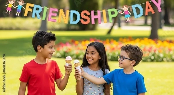 Fototapeta Three children celebrate friendship day with ice cream cones in a park setting with a banner above