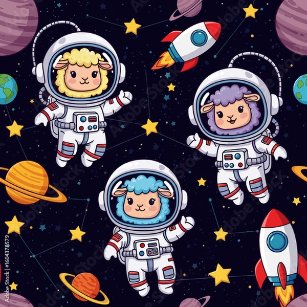 Fototapeta Cute sheep astronauts in space, perfect for children's books, textiles, or websites.