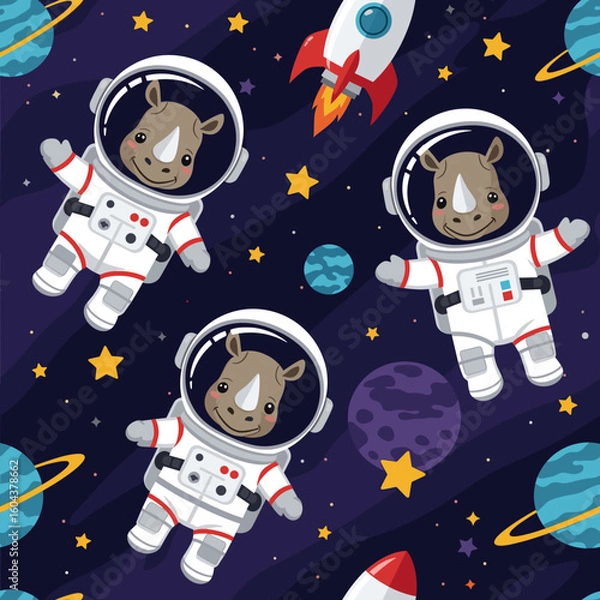 Fototapeta Adorable rhinos in space: A seamless pattern for kids' products, featuring cute astronauts and planets.