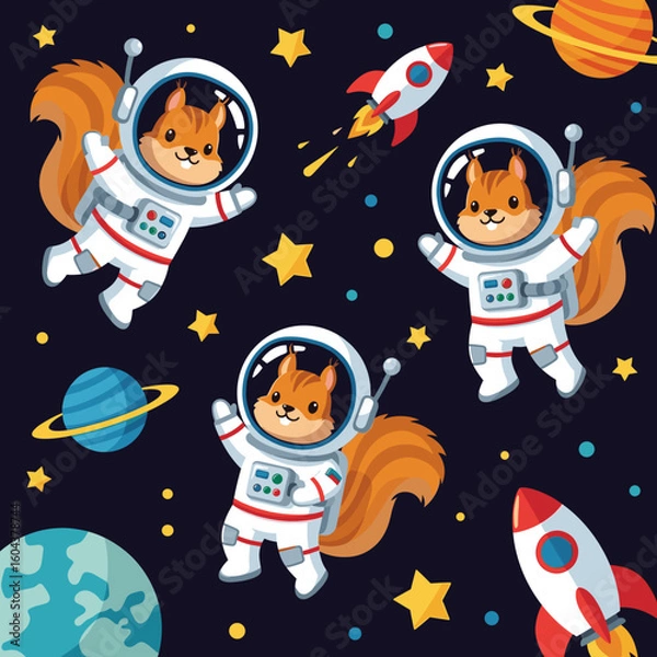 Fototapeta Cute squirrels in spacesuits floating in space, perfect for children's books, educational materials, or space-themed designs.