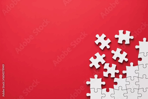 Fototapeta White jigsaw puzzle pieces scattered on a vibrant red background creating a sense of incompleteness