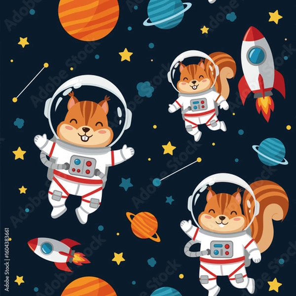 Fototapeta Adorable squirrel astronauts floating in space, perfect for children's books, textile prints, or websites.