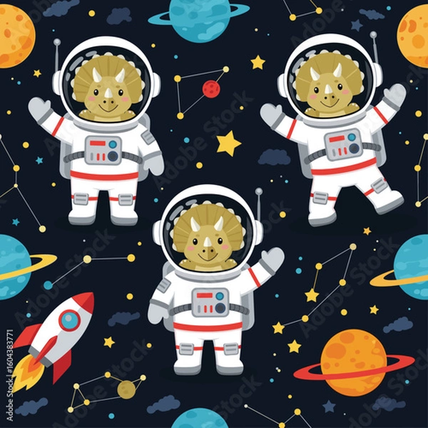 Fototapeta Adorable Triceratops Astronauts in Space: Seamless Pattern for Kids' Products
