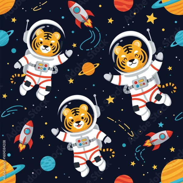 Fototapeta Cute tiger astronauts in space, seamless pattern for kids' fabric, wallpaper, or textile.