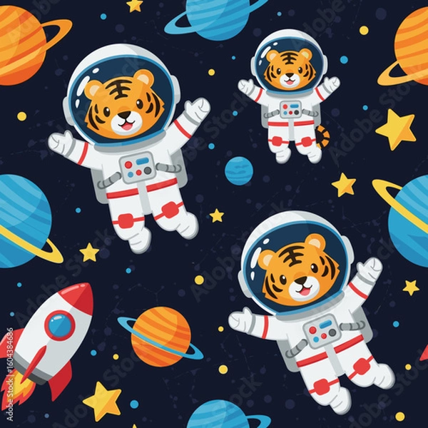 Fototapeta Adorable tiger astronauts floating in space, perfect for children's books, textiles, or websites.