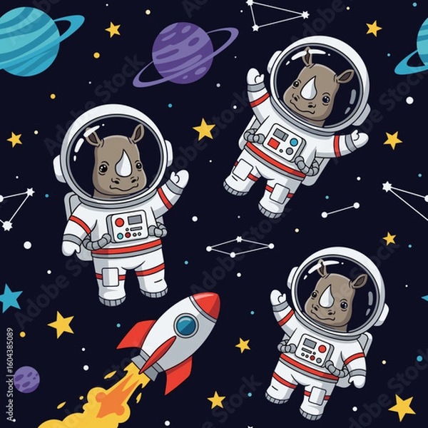 Fototapeta Adorable rhinos in astronaut suits floating in space, perfect for kids' apparel or space-themed projects.