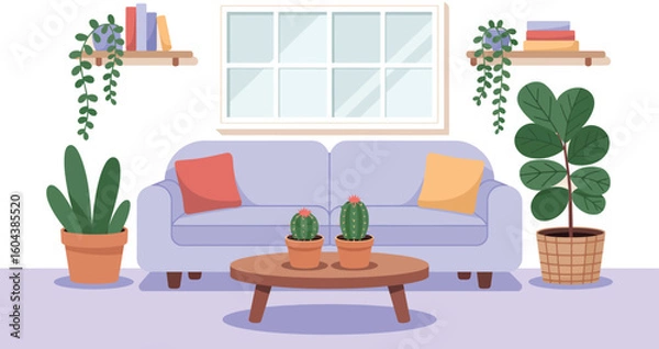 Fototapeta A living room with a couch, pillows, plants, books, a window, and a coffee table with cacti on it