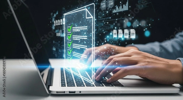 Obraz Person typing on a laptop with glowing data visualization overlay