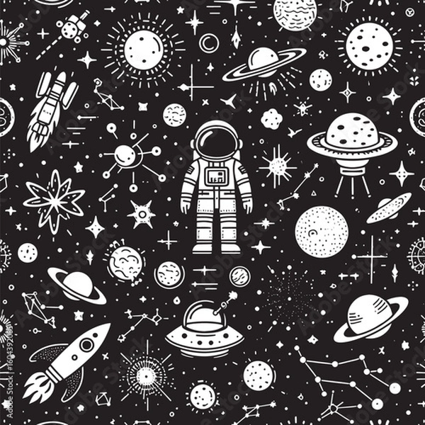 Fototapeta Colorful vector cartoon doodle drawing of UFOs in space, a seamless pattern design