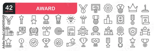 Fototapeta Set of line icons related to success, reward, achievement, goal. Outline icons collection. Editable stroke. Vector illustration