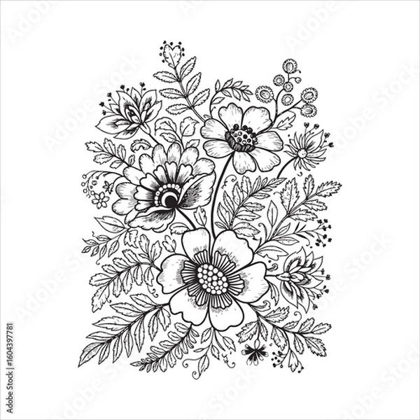 Fototapeta Monochrome decor featuring flowers and a frame, an ancient ethnic style from Nowy Sacz, Poland

