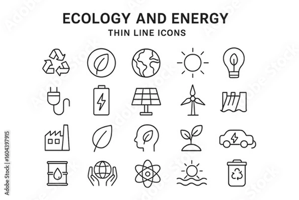 Fototapeta Ecology and energy thin line icon set. Vector collection of green power, sustainability, and environment symbols. Renewable sources like solar panel, wind turbine, and leaf.