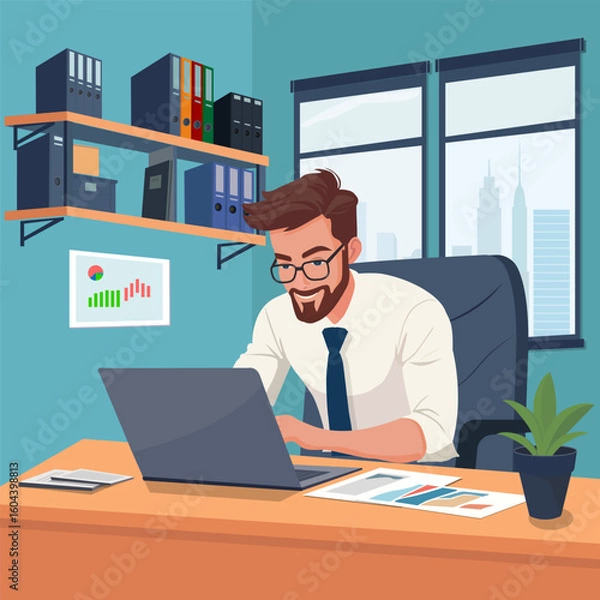Fototapeta Smiling businessman in white shirt and glasses sitting in office working on laptop. Vector illustration.
