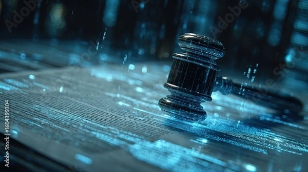 Fototapeta A digital gavel floats above a futuristic surface, symbolizing law and justice in the age of technology and cyber governance.
