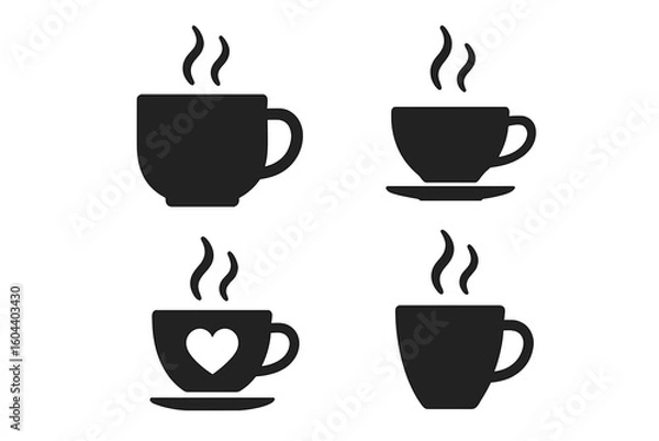 Fototapeta Coffee mug vector icons and tea cup silhouette set. Hot drink with steam and heart symbols for cafe logo, coffee shop branding, menu elements. Beverage pictogram collection.