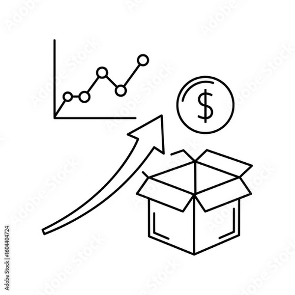 Obraz A line drawing showing a graph, an arrow, a box, and a dollar coin 