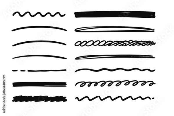 Fototapeta Hand drawn underline set. Marker brush pen strokes. Black doodle scribble lines. Sketchy highlight collection for text. Artistic design elements. Vector graphic illustration.