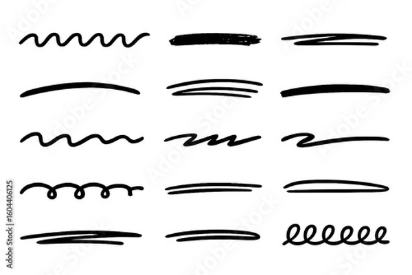 Fototapeta Hand drawn underline set. Marker brush strokes collection. Scribble doodle lines for text highlight. Black ink sketch dividers. Abstract graphic design elements.