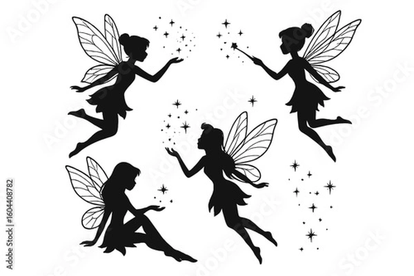 Fototapeta Fairy silhouette collection. Set of magical pixies with wings and stars. Fantasy girl character with magic wand. Black vector illustration for fairytale design.