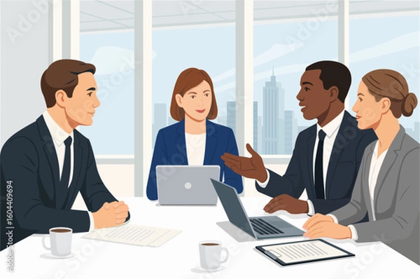 Fototapeta Business meeting in office,speaking,discussion work,partnership, business proposal, different people  with documents and laptops . Vector illustration.