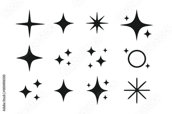 Fototapeta Black twinkle star icon collection with sparkle burst, glitter shine, lens flare and glowing decorative celestial silhouette elements, vector design set on transparent background