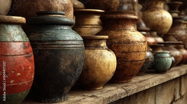 Fototapeta Rustic handmade clay pots in earthy tones stacked closely together outdoors.