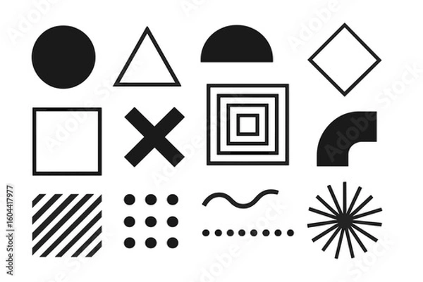 Fototapeta Big set of universal geometric and abstract shapes. Minimalist basic figures for logo design, backgrounds, and modern branding. Vector illustration of primitive forms.