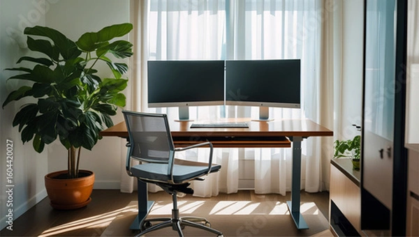 Fototapeta Modern minimalist home office workspace with dual monitors, ergonomic chair, and large potted plant, bathed in natural sunlight streaming through sheer curtains.