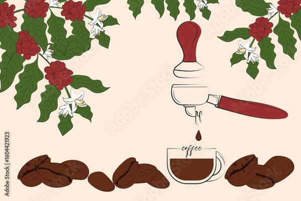 Fototapeta Stylized illustration of a coffee brewing process with a portafilter, coffee beans, and red coffee cherries on branches, ideal for cafe and beverage designs.