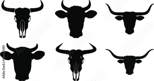 Fototapeta Bull and cow head silhouette vector collection with skull and horn illustration set isolated on white background for design and decoration.
